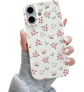 QLTYPRI for iPhone 16 Case, Cute Pink Floral Flower Pattern Aesthetic Phone Case, Raised Camera P...