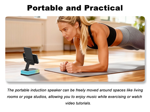 Portable bluetooth speaker for yoga and fitness, adjustable phone holder for workout videos.