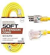 Iron Forge Outdoor Lighted Extension Cord 50 Ft - 12/3 SJTW Heavy Duty 15 AMP Yellow Extension Ca...