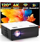 TMY 1080P Projector with 120” Screen, with 5G WiFi and Bluetooth 5.1, 450ANSI 4K Supported 
