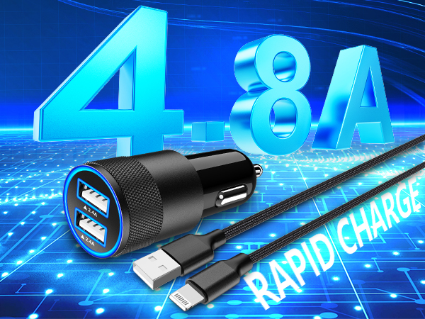 Text reads "4.8A" and "RAPID CHARGE". Dual-port USB car charger with attached black charging cable on blue digital background with circuit pattern design.
