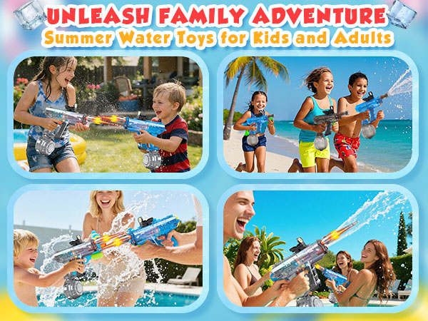 Long range squirt gun for adults and kids shooting up to 32 feet in swimming pool summer games.