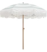 AMMSUN Boho Fringe Umbrella Outdoor Patio, 6.5ft UPF50+ Picnic Umbrella with Tassels with Steel P...