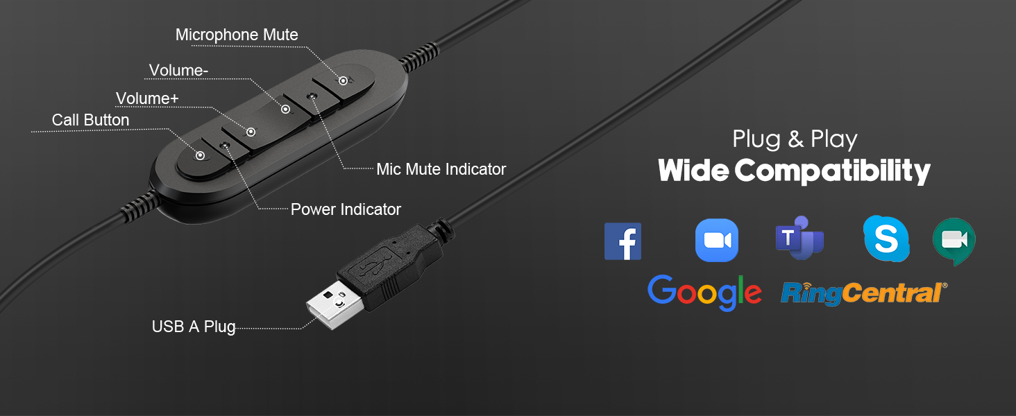 USB-A headset, USB headset for work,headset with in-line controller