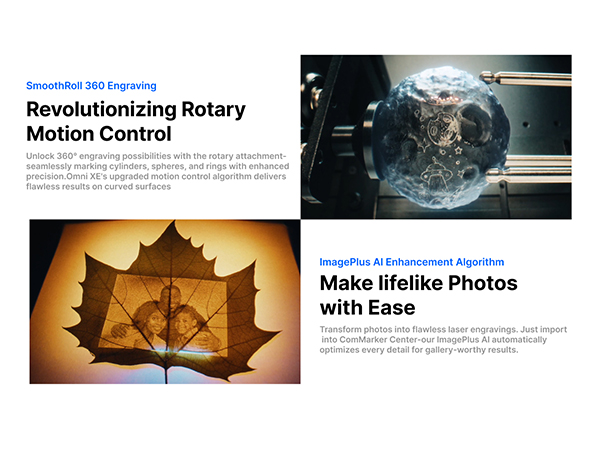 Text reads 'Revolutionizing Rotary', 'Motion Control', 'Make lifelike Photos with Ease'. Marketing collage showing various camera-related imagery and text overlays.