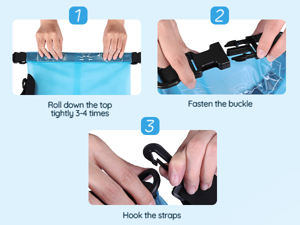 3-step guide to use waterproof dry bag: roll top, fasten buckle, hook straps