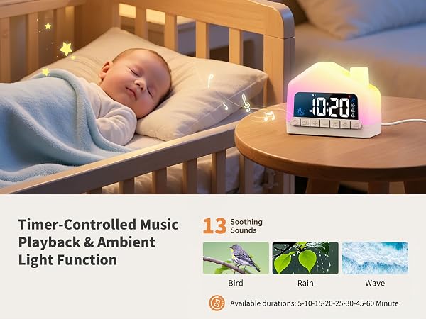 Text reads 'Timer-Controlled Music Playback &amp; Ambient Light Function' with '13 benefits' indicator. Digital alarm clock with white display showing '0:30' on bedside table next to sleeping infant in crib.