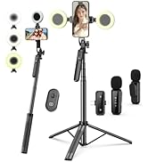 Vlogging Kit for iPhone/Android, 71" Selfie Stick Tripod for iPhone with Fill Light, Wireless Mic...