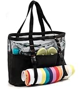 KOKKOYA 40L Large Black Mesh Beach Bag Tote for Towel Holder with Zipper Bottom Sandproof Waterpr...