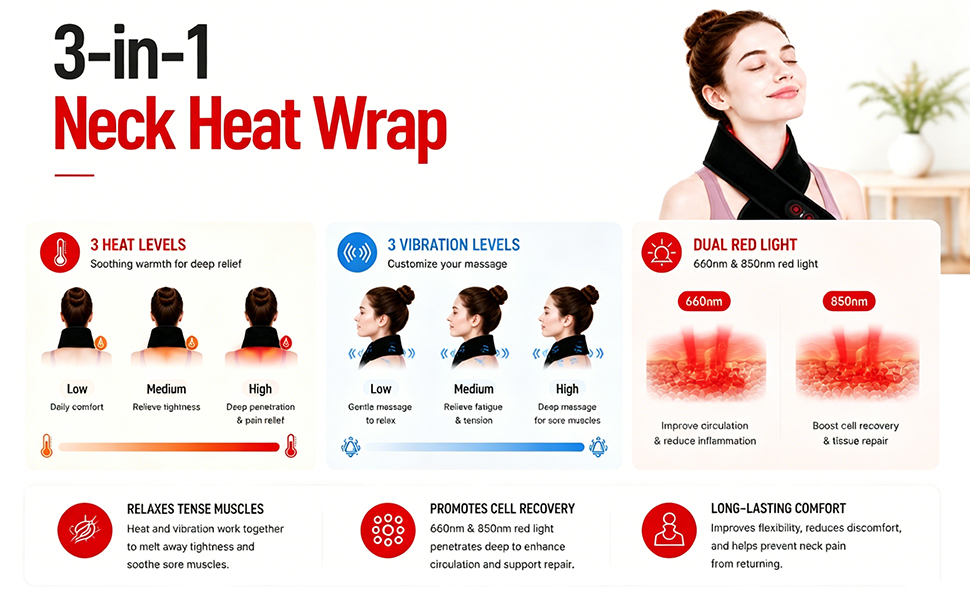 cordless neck massager red light infrared heat vibration rechargeable heated wrap