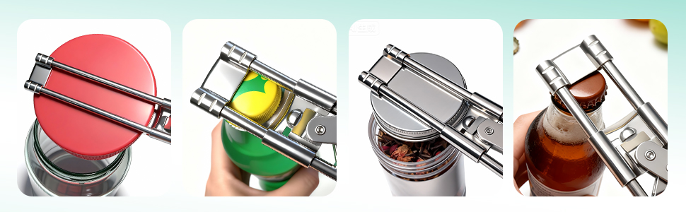 Stainless steel opener used on various jar and bottle caps