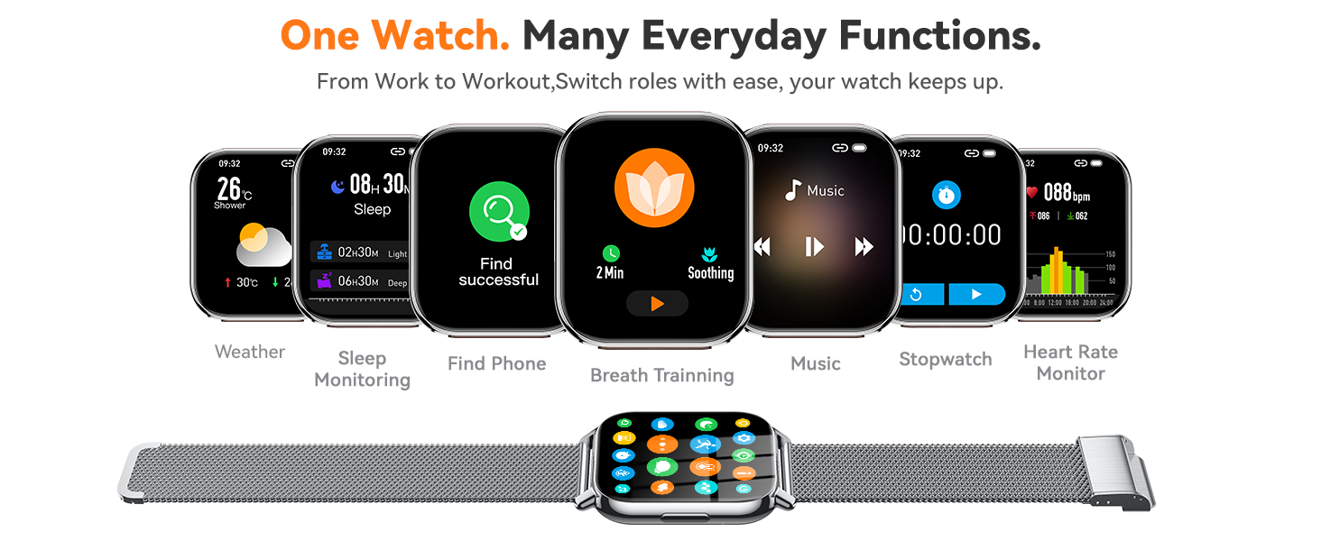 smart watch with Calorie Tracker, Stopwatch, Pedometer, Music Playback/Control, Weather