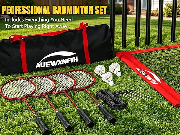 Complete badminton set: 4 rackets, 3 shuttlecocks, carry bag, and portable net system for outdoor.