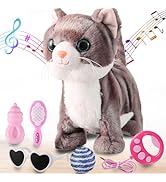 Gray Leash Walking Cat Set Singing That Purrs and Meows Animated Plush Robot Kitten Moving Plush ...