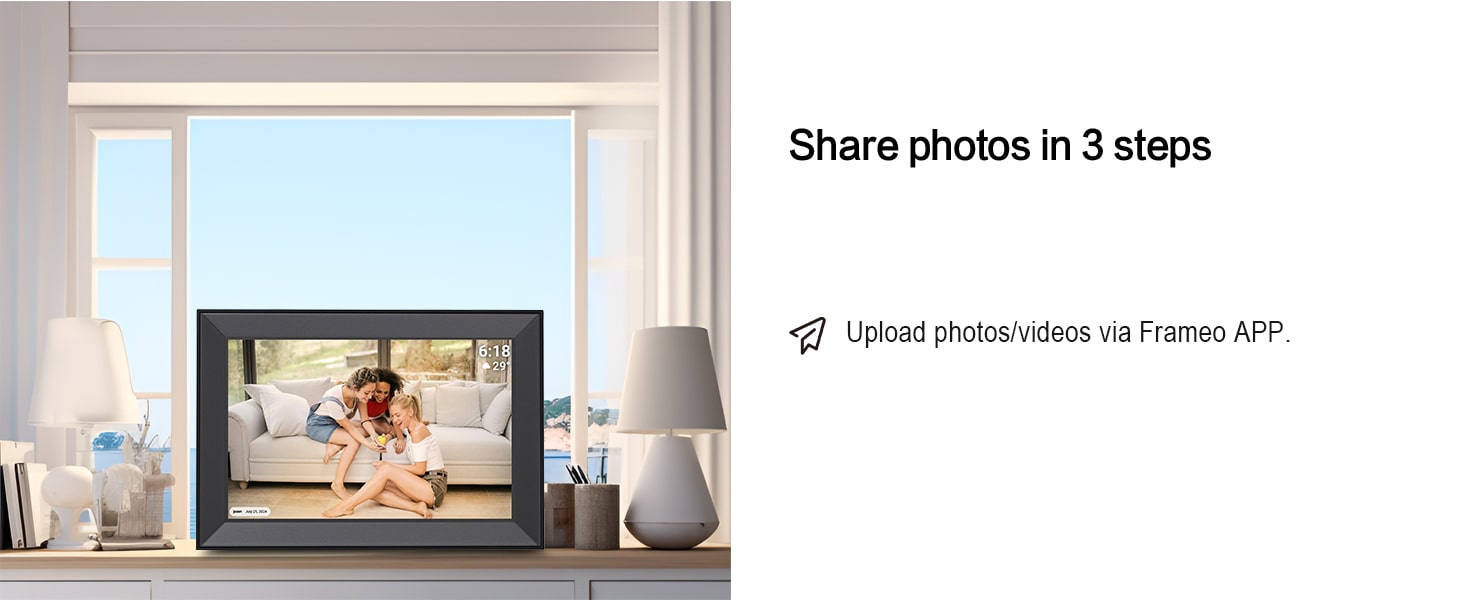 Send photos to friends' frames directly via Frameo app.