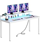 Need 60 inch Computer Desk with LED Lights &amp; Power Outlets, Large Home Desk with Monitor Shelf, W...