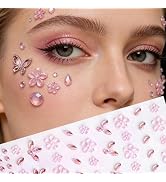 Pink Flower Face Gems Stickers - 2 Sheets Self-Adhesive Rhinestone Face Jewels with Floral Decals...
