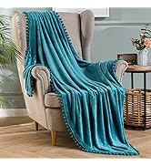MIULEE Fleece Throw Blanket with Pompom Fuzzy Soft Flannel Turquoise Blanket Plush Warm Cozy Bed ...