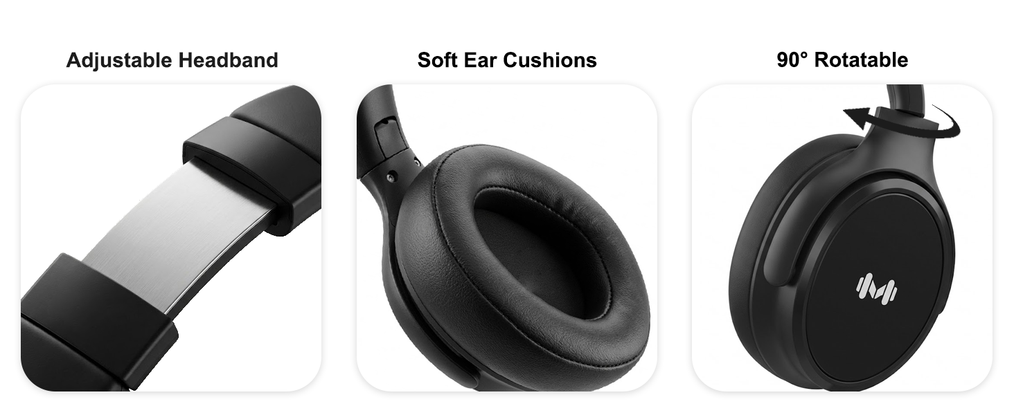 Ergonomic details: adjustable headband, soft cushions, and 90° rotation.