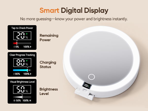 Smart digital screen interface showing battery percentage charging status and brightness level