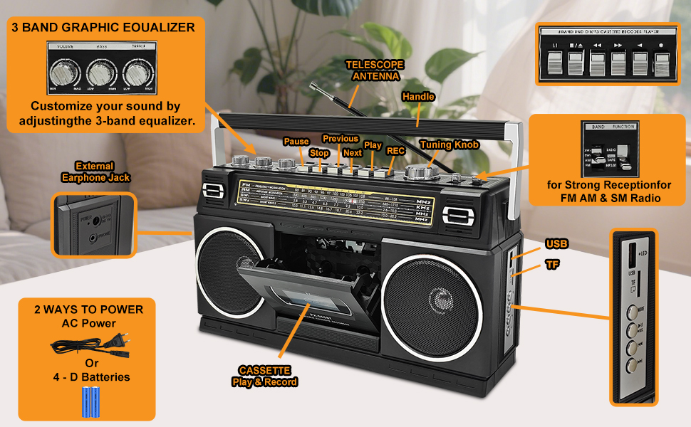 Retro-style boombox with 3-band graphic equalizer, telescoping antenna, dual speakers, and multiple power options including AC or 4-D batteries.