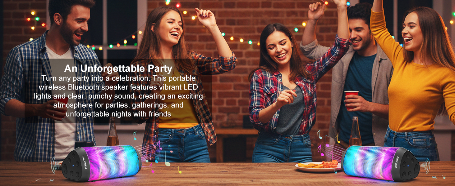 Rich, clear sound with vibrant lights,bring the party to life with this portable Bluetooth speaker