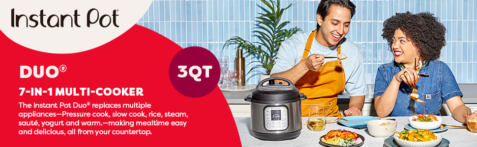Instant Pot Duo Multi-Cooker ad with a smiling couple enjoying a meal