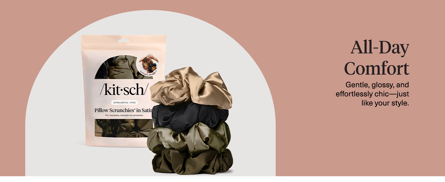 Kitsch Pillow Satin Scrunchies for Women Black, 4pcs