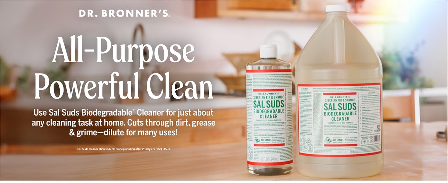 Dr. Bronners Sal Suds biodegradable cleaner, cuts through dirt, grease, grime. Dilute for many uses