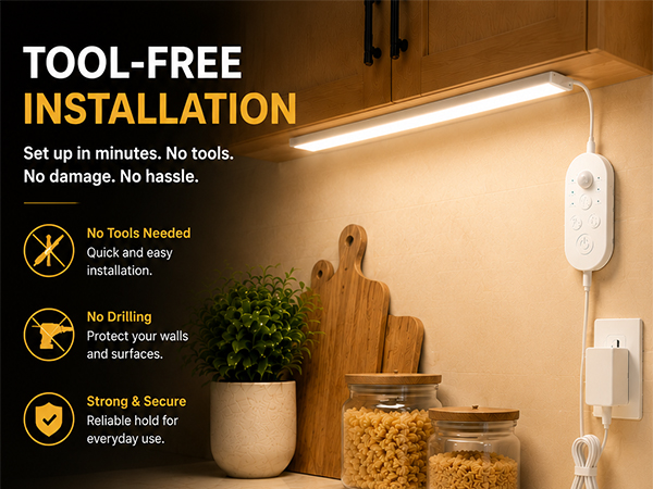 Tool-free installation with adhesive hook-and-loop tape for quick under cabinet light mounting.
