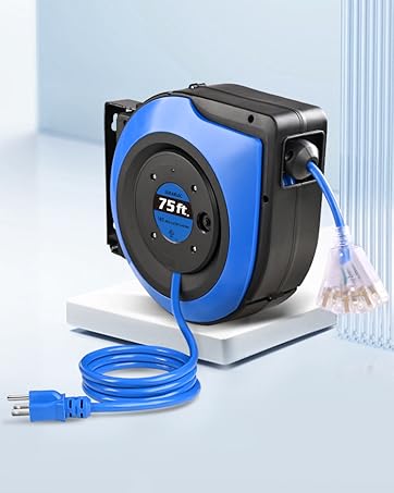 30 FT Retractable Extension Cord, 16AWG/3C SJTW Power Cord Reel, 3 Electrical Outlets Triple Tap