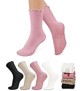 yeuG Pilates Socks with Grips for Women Non Slip Ruffle Socks Grip Socks Cute Turn-Cuff Crew Fril...