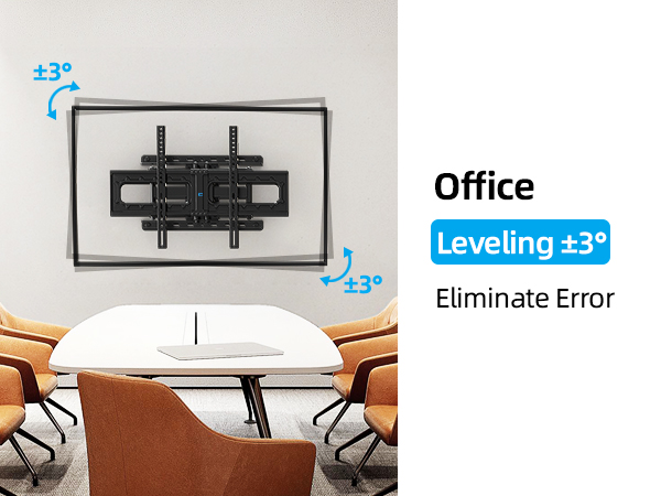 TV wall mount installation diagram showing ±3° leveling adjustment capability in an office setting with modern furniture.