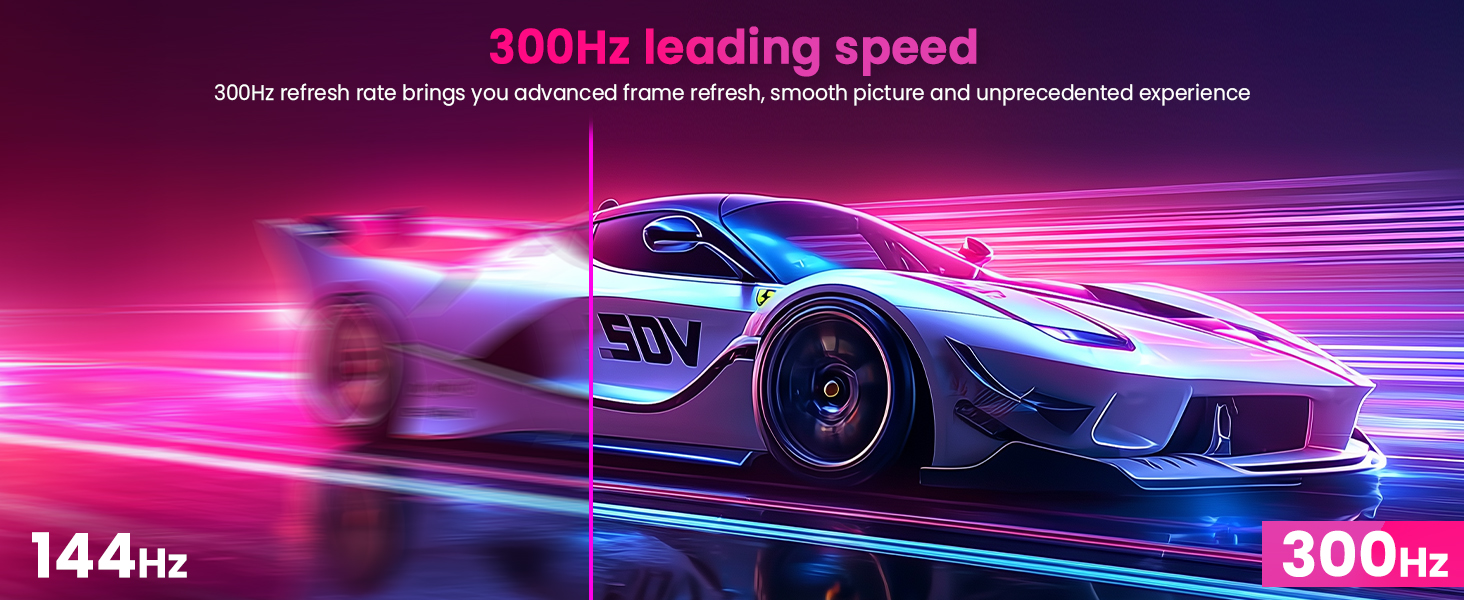Text reads '144Hz' and '300Hz'. Gaming-themed imagery showing sports car with neon lighting effects in purple and blue tones.