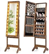 Giantex Standing Jewelry Armoire with Lighted Full Length Mirror, Lockable Jewelry Cabinet Organi...