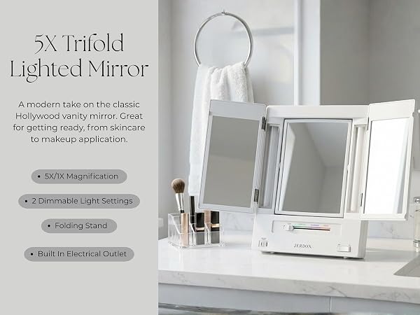 Lighted 5X Trifold lighted makeup miror vanity bathroom bedroom
