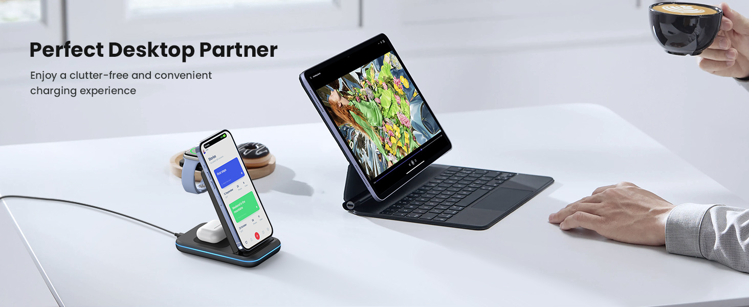 GEEKERA 3 in 1 Wireless Charging Station Foldable Wireless Charger Stand for Multiple Apple Devices