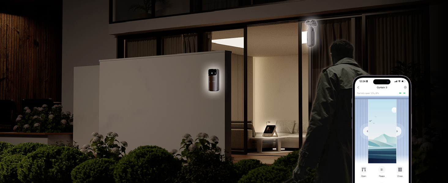 Smart doorbell security camera mounted on exterior wall, with smartphone app interface showing live video feed. Modern house entrance with glass door visible at night.