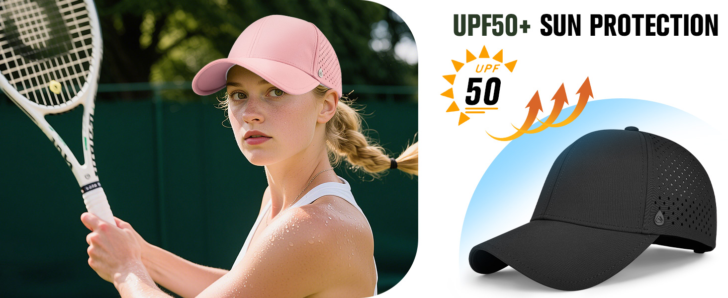 Baseball cap with UPF50+ sun protection. Black cap shown with perforated side panels for breathability. Image includes tennis player wearing pink version and sun protection icon.