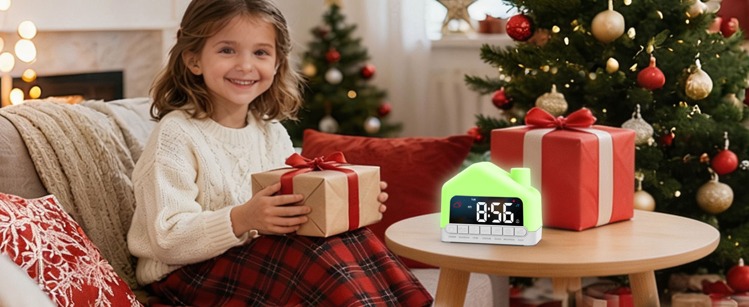 Child sitting on couch with Christmas tree and wrapped presents in background; digital clock displaying '8:58' visible on wooden table with wrapped gift packages nearby.
