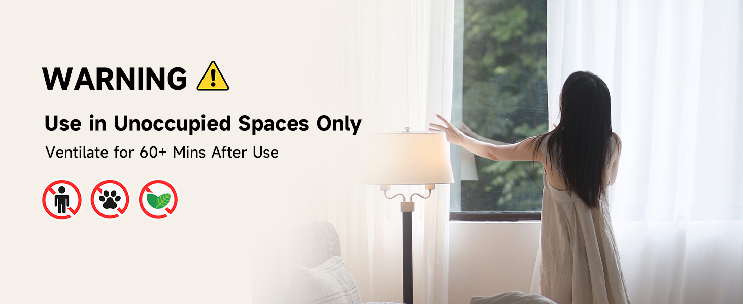 Use only in unoccupied areas, Ventilate for 60+ minutes after each cycle