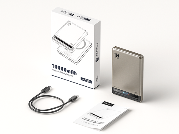 Portable charger with 10000mAh capacity. Metallic gold device, USB cable, product box, and instruction manual displayed. Box indicates wireless charging functionality.