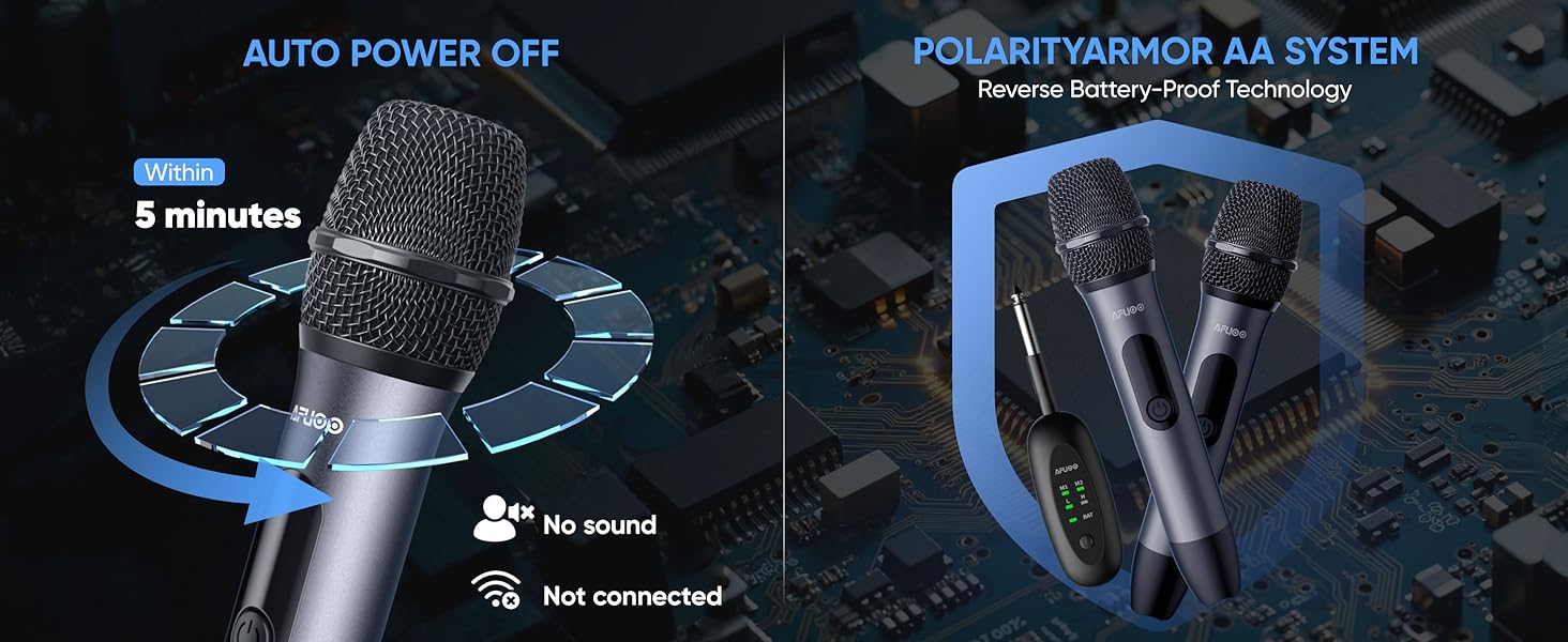 Handheld Wireless Karaoke Two Microphone System Using AA Alkaline Battery, with Circuit Protection