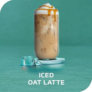A tall latte glass of espresso concentrate, oat milk, maple syrup and ice. Tagline: Iced oat latte.