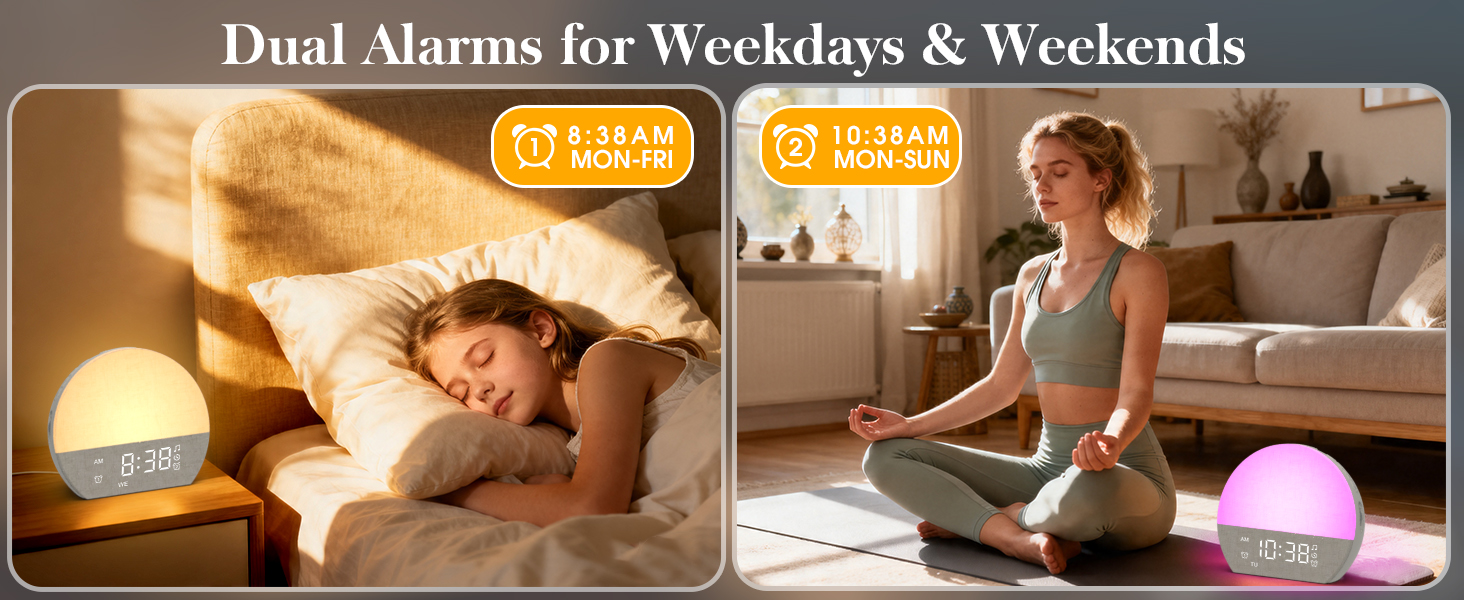Text reads 'Dual Alarms for Weekdays &amp; Weekends'. Split-panel image showing person waking in morning sunlight and child sitting on bed with pink alarm clock on nightstand.