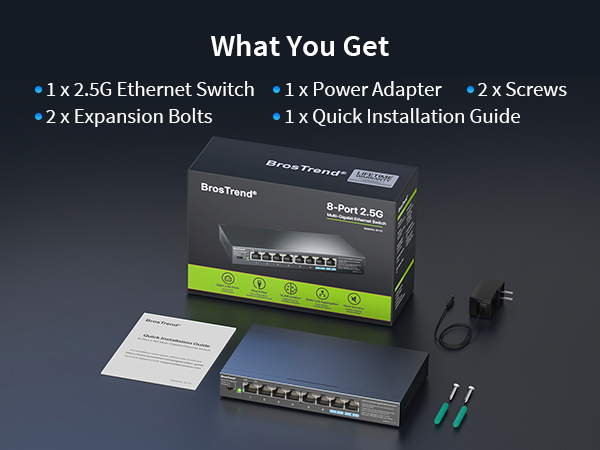 Package Contents for BrosTrend 2.5G Ethernet Switch