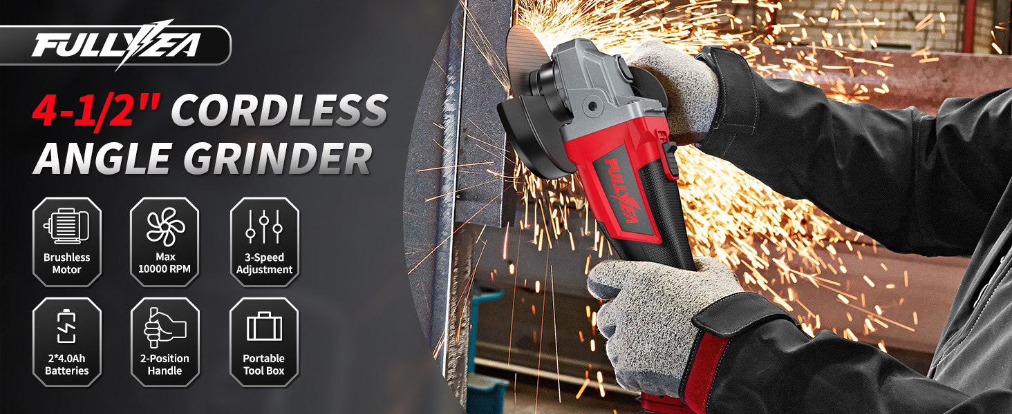 FULLYEA Cordless Angle Grinder 10000RPM Electric Grinder Tool for Wood Metal Cutting