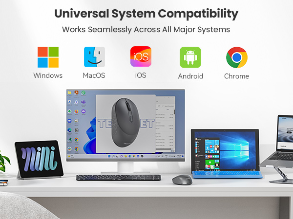 Text reads 'Universal System Compatibility'. Extended view showing Windows, Mac, Android, and Chrome OS icons with various connected devices on light gray surface.