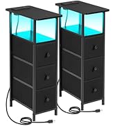 LOAKEKEL Narrow End Tables Living Room Set of 2 with Charging Station, Skinny Side Table with Fab...