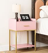 AEPOALUA Nightstand with Charging Station,Bedside Table with Drawer and 2 Shelf Storage, Small Si...